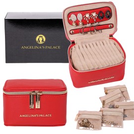 Angelina's Palace Jewelry Organizer Case Bridesmaid Gifts Travel Bag Vegan Leather Box for Necklace Earring Bracelet Ring(bright red)
