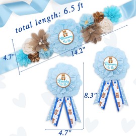 Vansolinne Blue Teddy Bear Maternity Sash Mom to Be & Daddy to Be Corsage Pin Set for Bear Baby Shower Maternity Photography Keepsake Gifts Pregnancy Flower Belly Band Gender Reveal Souvenir Supplies