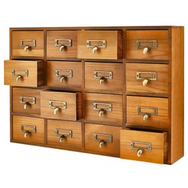 Flexzion Apothecary Cabinet with Drawers - 16 Vintage Apothecary Drawers Desktop Organizer for Home & Office - Wooden Tabletop Library Card Catalog Cabinet Storage for Jewelry, Makeup & Tools, Brown