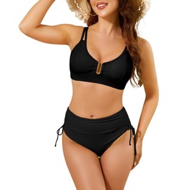 Bikinis Sets for Women Push Up Bathing Suit Criss Cross Back Full Coverage Tummy Control with Tie Side Bottoms Two Piece Swimming Suits Adjustable Straps Black