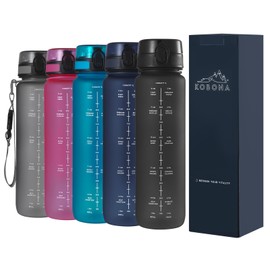 KOBONA 1L Motivational Water Bottle with Time Marking Hydration Tracking Reminder for Sports Fitness - Wide Mouth for Ice, Fruit Infuser, Leak Proof, Light-Weight BPA Free Tritan, CHARCOAL GREY