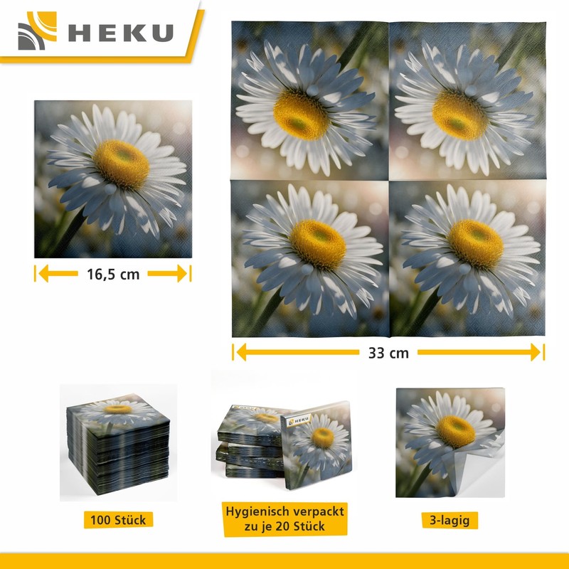 HEKU 100 napkins, 3-ply, 33 x 33 cm, daisies, absorbent