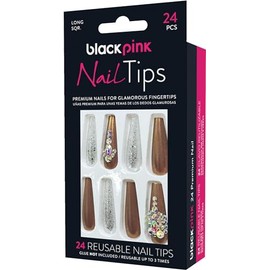 Blackpink Press-On Nail Tips Ready Painted Long Perfect Fit Ready To Go, Glue Included, Reusable, Glue on Nails, Long Nail Kit 24PC - BNT019
