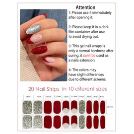 Wahrshei Semi Cured Gel Nail Strips, 20pcs Red Glitter Gel Nail Stickers Work with UV, Gel Nail Wrapsfor Home Nail Art DIY, Easy to Use And Remove