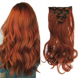 LaLuLoLi #119 Fire Red Color Synthetic Hair Pieces 7pcs Full Head Curly Wavy Hair Extensions 20" 130g Long Smooth Heat-resisting Fiber Clip on in Hair Extension with 16 Clips for Women