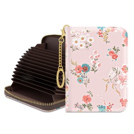 Rouidr Credit Card Holder for Women, Small Slim RFID Card Organizer Wallet with Zipper and Keychain, Pink Flowers