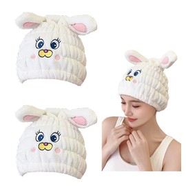 NAWPHEKI Animal Hair Drying Towel Caps, 2Pcs White Rabbit Girls Hair Dry Wrap Women Absorbent Turban Towel, Cute Children Hair Drying Wrap as Gift