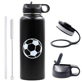 FMYWZS 40 oz Soccer Water Bottle, Wide Mouth Travel Sports Flask with 2 Lids（Straw Lid+Flex Cap）BPA Free 18/8 Stainless Steel Double Wall Vacuum Insulated Water Bottles (40oz, Soccer)