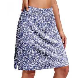 PINSPARK Women's Tennis Skirt, High Waist Golf Skirt with Inner Shorts, Knee-Length Trouser Skirt, Sports Skirt with Pockets, Hiking, Running, Cycling, Navy White Floral, L