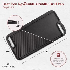 Cuisinel Cast Iron Griddle/Grill + Scraper/Cleaner - Reversible Pre-Seasoned 20" X 10"-inch Dual Handle Flat Skillet and Griller Pan + Cleaning Accessories - Indoor/Outdoor Stove Top Burner, Gas Safe