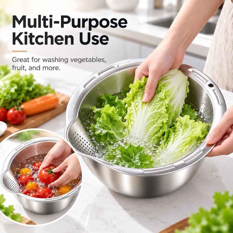 Stainless Steel Rice Washing Bowl with Strainer for Rice, Fruits