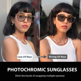 TJUTR Polarised Photochromic Sunglasses for Women Retro Square Women's Sunglasses with UV Protection for Driving Travel, A01 Yellow Tortoiseshell/Pho