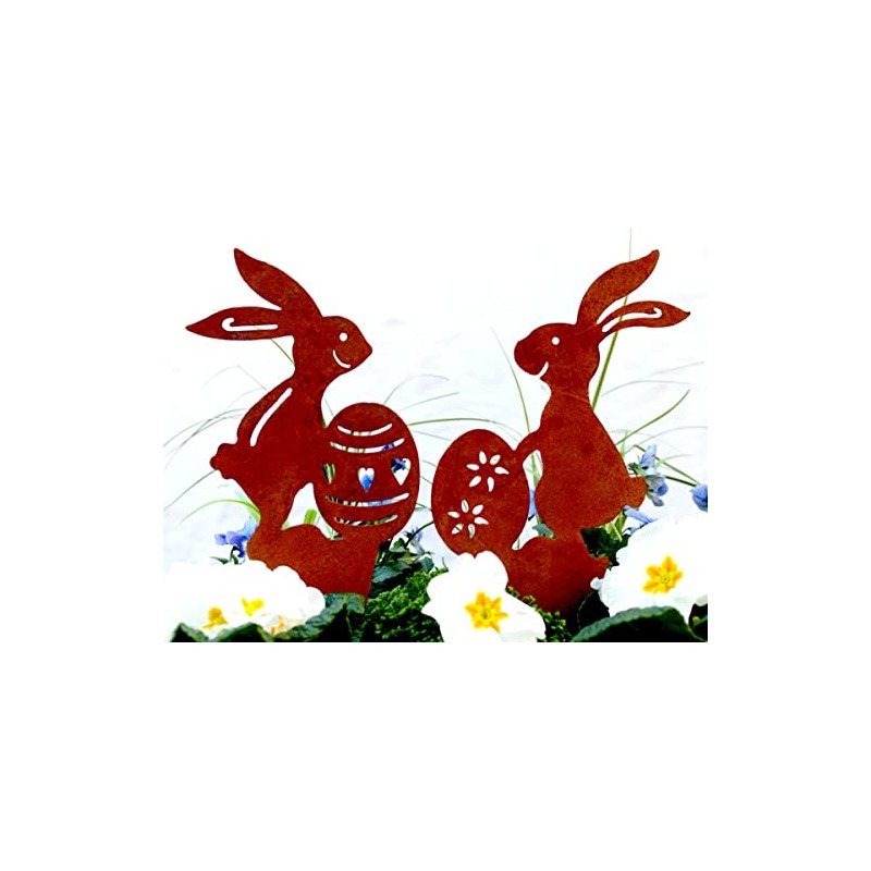 Set of 2 Garden Stakes Rabbit Pair Easter Bunny Rust