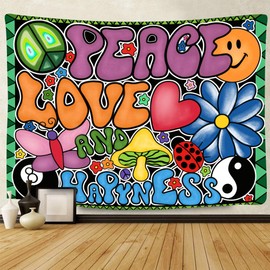 F-FUN SOUL Peace Love and Happiness Tapestry, 60X40Inches Soft Flannel, 70S Theme Party Tapestries Hippie Aesthetic Tapestry Wall Hanging for Bedroom Living Room Decor Gtzyfs915