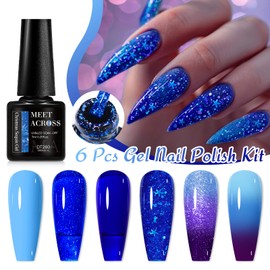MEET ACROSS Vibrant Blue Glitter Gel Nail Polish Set, Long-Lasting Thermal Gel Polish, Soak Off UV LED Gel Polish for Salon-Quality Nail Art and DIY at Home - Easy to Apply and Remove