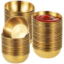 50 PCS Round Golden Sauce Bowls, 3.2 x 1.2 Inches Stainless Steel Dipping Sauce Cups, Reusable Metal Ramekins, Bowls for Ketchup, Marinara, BBQ Sauce, Appetizers, Facial Bowl for Esthetician Use