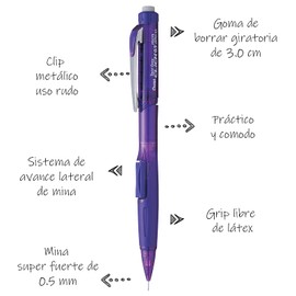 Pentel Twist-Erase CLICK Mechanical Pencil (0.5mm) Transparent Violet Barrel, Box of 12 (PD275TV)