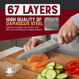KANKA Chef Knife Damascus Steel 8" - 67 Layer Professional Steel, 10Cr Core, Razor-Sharp 62 HRC Edge, Ergonomic G-10 Fiberglass Handle, Wood Sheath INCLUDED – Chef Kitchen Knife for Precise Cutting