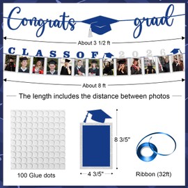 Class of 2026 Graduation Picture Banner Party Decorations, DIY Congrats Grad Grad Photo Banner for High School College Classroom Parties Supplies - Fits photos up to 4"x6" (Blue and Silver)