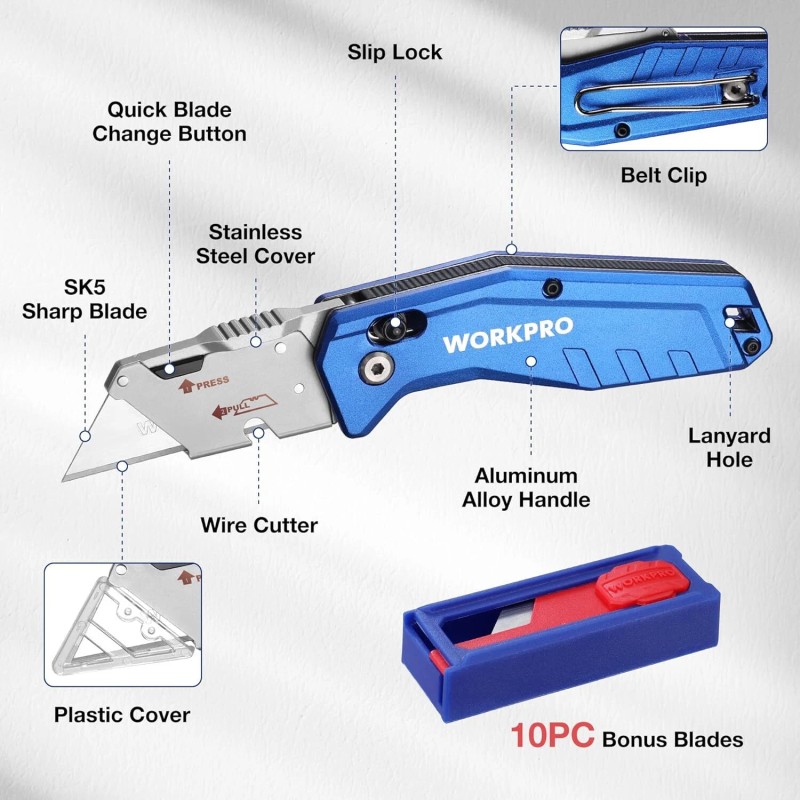 WORKPRO Heavy Duty Folding Utility Knife Metal Box Cutter Razor