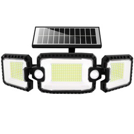 ISNIKA Solar Outdoor Lights - 3000LM 305 LED 3 Heads IP65 Waterproof Powered Security Flood Lights, with 2 PIR Motion Sensors for Garage, Yard, Patio & Fence (Black)