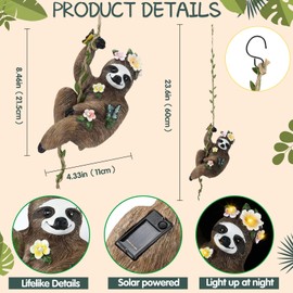 Colingmill 8x5 Inch Solar Sloth Hanging Statue Resin Garden Gnome Figurine Sloth Decorative Sculpture with Hook for Outdoor Yard Tree Fence Balcony Wall Decor