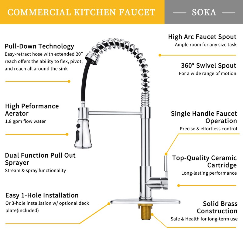SOKA Kitchen Sink Faucet Single Handle with Pull Down Sprayer