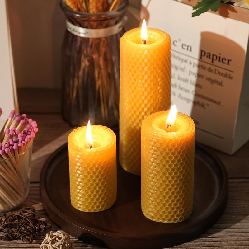 Pure Beeswax Pillar Candles,3 Pack Hand-Rolled Natural Beeswax Candles(1.77x3in,2x4in,2x6in) 60