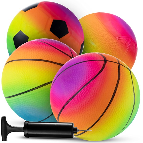 Mini Rainbow Kids, Toddler Football - 5 Inch (Pack of 4) Inflatable Ball Made from Vinyl with Hand Pump Football, Neon Basketball, Soccer Ball, and Volleyball for Playground, Indoor and Outdoor Use