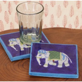 GURU SHOP Hand-painted Indian ceramic tile, vintage ceramic coasters, motif 17, blue, 10 x 10 x 1 cm, coasters, trays