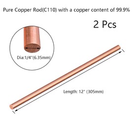 12-Inch Length Pure Copper Round Rod 1/4" Dia(6.35mm),99.9% Solid Copper Rod,Used for Metal Working and Metal DIY Process(1/4"x12",2 Pcs)