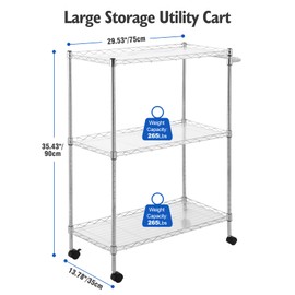 AKDSteel 3 Tiers Metal Utility Rolling Cart 300Lbs Heavy Duty NSF Rolling Chrome Trolley Cart with Handle Bar and Shelf Liner Carts with Wheels for Kitchen Office Outdoor Silver