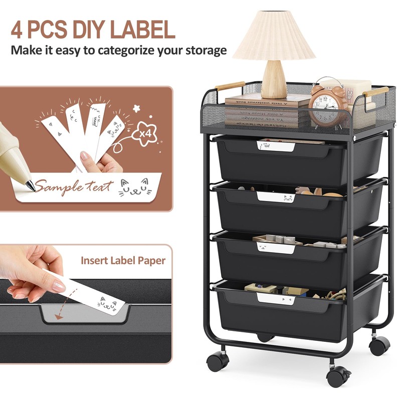 SYKIARIOL 4-Drawer Rolling Storage Cart with Mesh Top,Black