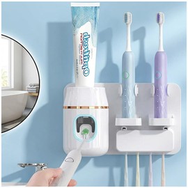 TuCao Wall Mounted Toothbrush Holder with Automatic Toothpaste Dispenser, No Drill Bathroom Organizer White