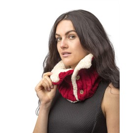Basic Sense Unisex Plain Infinity Chunky Cable Knit Neck Warmer Snood Button Scarf with Soft Sherpa Fleece inside, Red