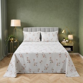Lemfux California King Sheet Set 4-Piece Cotton - Tan Floral Botanical Print, Deep Pocket 17.5", Breathable Farmhouse Bedding 1 Flat Sheet 110"x102", 1 Fitted Sheet 72"x84", 2 Pillowcases 20"x36"