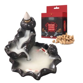 Soul Sticks Backflow Incense Holder Burner Waterfall Fountain for Home, Office, Yoga, Room Decor & Aromatherapy with 1 Pack of 10 Backflow Fragrance Cones Included (Coi Pond)