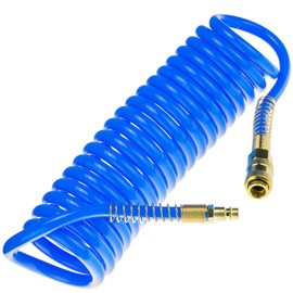 Compressed Air Spiral Hose SP-PU 5 m, Compressed Air Hose 8/12 mm Made of PU, Max. Pressure 10 Bar, with Kink Protection and Quick Coupling, Suitable for Pneumatic Tools