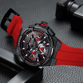 MF MINI FOCUS Mens Watches Unique Hollow Casual Wrist Watch (Chronograph/Waterproof/Luminous/Calendar/24 Hour) Silicon Band Fashion Watch for Men