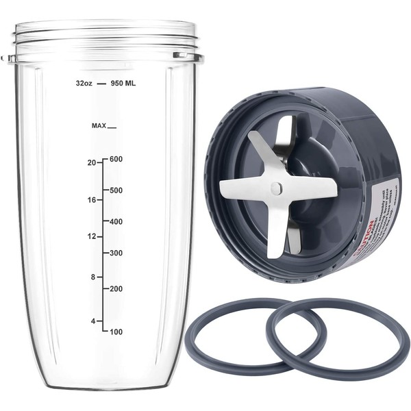 New Blender Cup and Blade Replacement Parts 32oz Cup and Extractor Blade and 2 Rubber Gaskets 4-Piece Compatible with NutriBullet High-Speed Blender/Mixer System 600W/900W Series