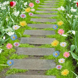 20 Pcs Daisy Flower Garden Stakes Decor Mother's Day Fabric Daisy Flower Garden Stakes Iron Crafts, Hand Forged Plant Pick Water Proof Flower Stick Décor for Patio, Lawn, Yard Decorations