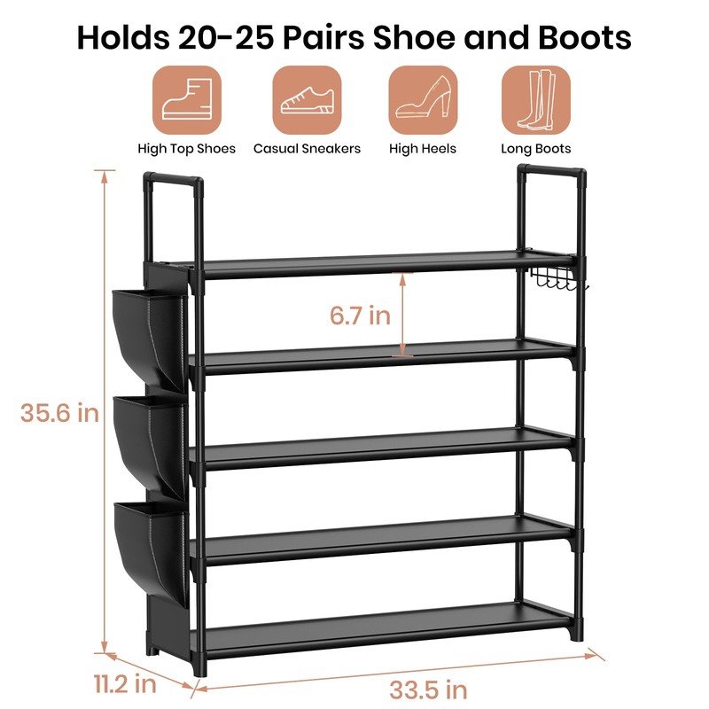 VILICK 5 Tier Shoe Rack with Hook and Side Pocket,Shoe