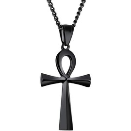 Men's Stainless Steel Coptic Anka Cross Religious Pendant Necklace, 24" Curb Chain - Color: Black,23.6"