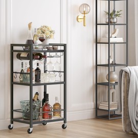 TUTOTAK Bar Cart, Home Bar Serving Cart with 3-Tier Mirrored Shelf, Microwave Cart, Drink Cart, Mobile Kitchen Shelf with Wine Rack, Rolling Beverage Cart, Black BC01BK033