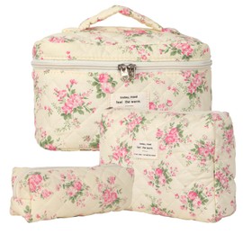 3-Piece Cosmetic Bag Women's Travel Toiletry Bag Set Women's Quilted Toiletry Bag with Floral Pattern, Make Up Bag Aesthetic Flowers Makeup Bag Cosmetic Bag for Girls Women, pink flower