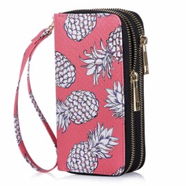 HAWEE Cellphone Wallet for Women Dual Zipper Long Purse with Removable Wristlet, Pineapple Watermelon