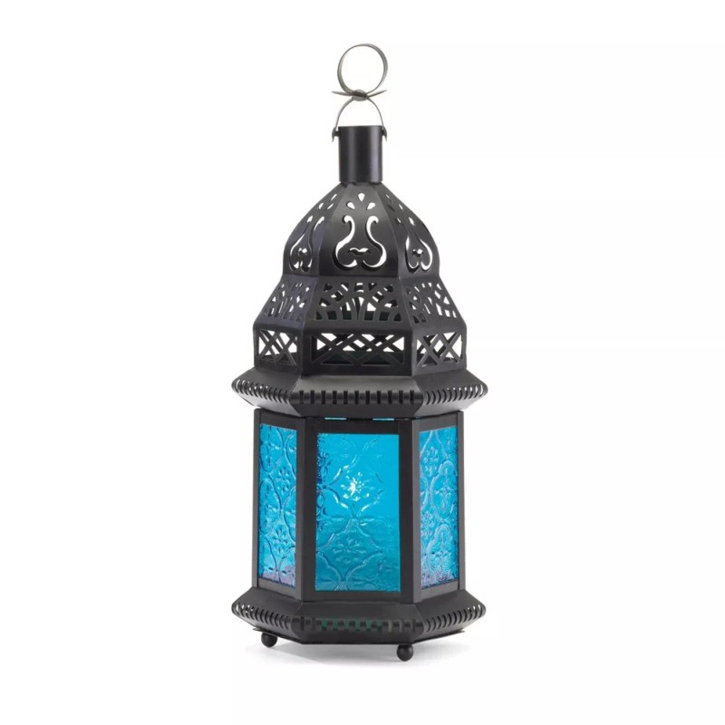 Accent Plus Candle Lantern Blue Glass Windows Black Moroccan Iron