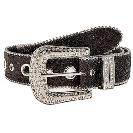 KorhLeoh Women & Men Western Bling Sequins Belt Grommet Leather Belt with Rhinestone Large Buckle for Jeans Pants Dress