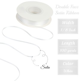 DINDOSAL Thin White Ribbon 1/8 Inch Double Face Satin Ribbon for Crafts, Hanging Tags, Christmas Tree Ornaments - 100 Yards