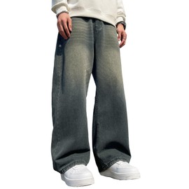 DFGIGT Mens Hip Hop Baggy Jeans Wide Leg Stylish Skater Jeans Casual Loose Fit Denim Pants Streetwear Y2k 2000s Straight Leg Relaxed Fit Vintage Extreme Motion Skateboard,A10 Retro Blue,Medium